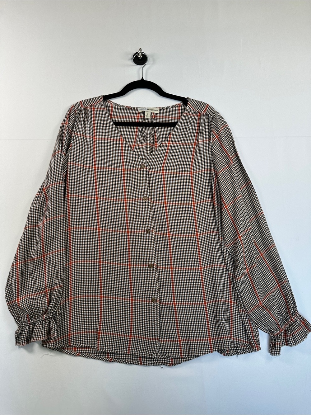 Alexander Jordan Houndstooth Plaid Balloon Sleeve Fall Blouse Size L